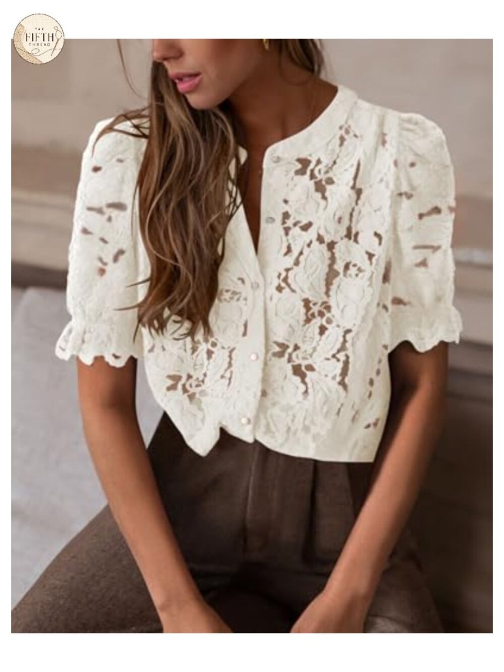 Lace Button Down Blouse with Puff Short Sleeves - Picture 4 of 6
